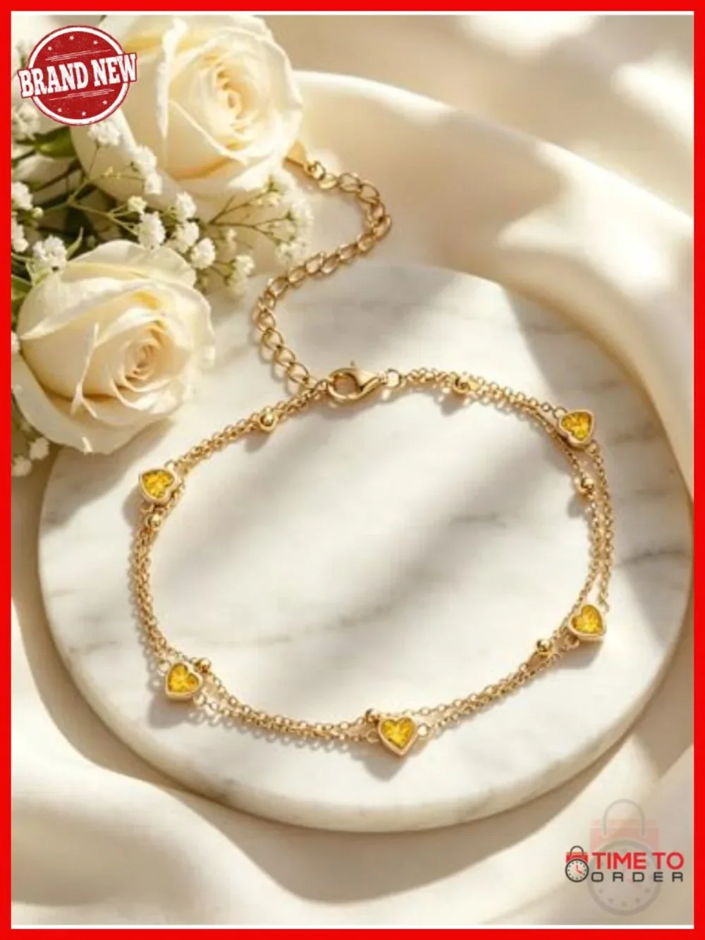 18K Gold Heart Birthstone Bracelet Anklet with 12 Months Citrine